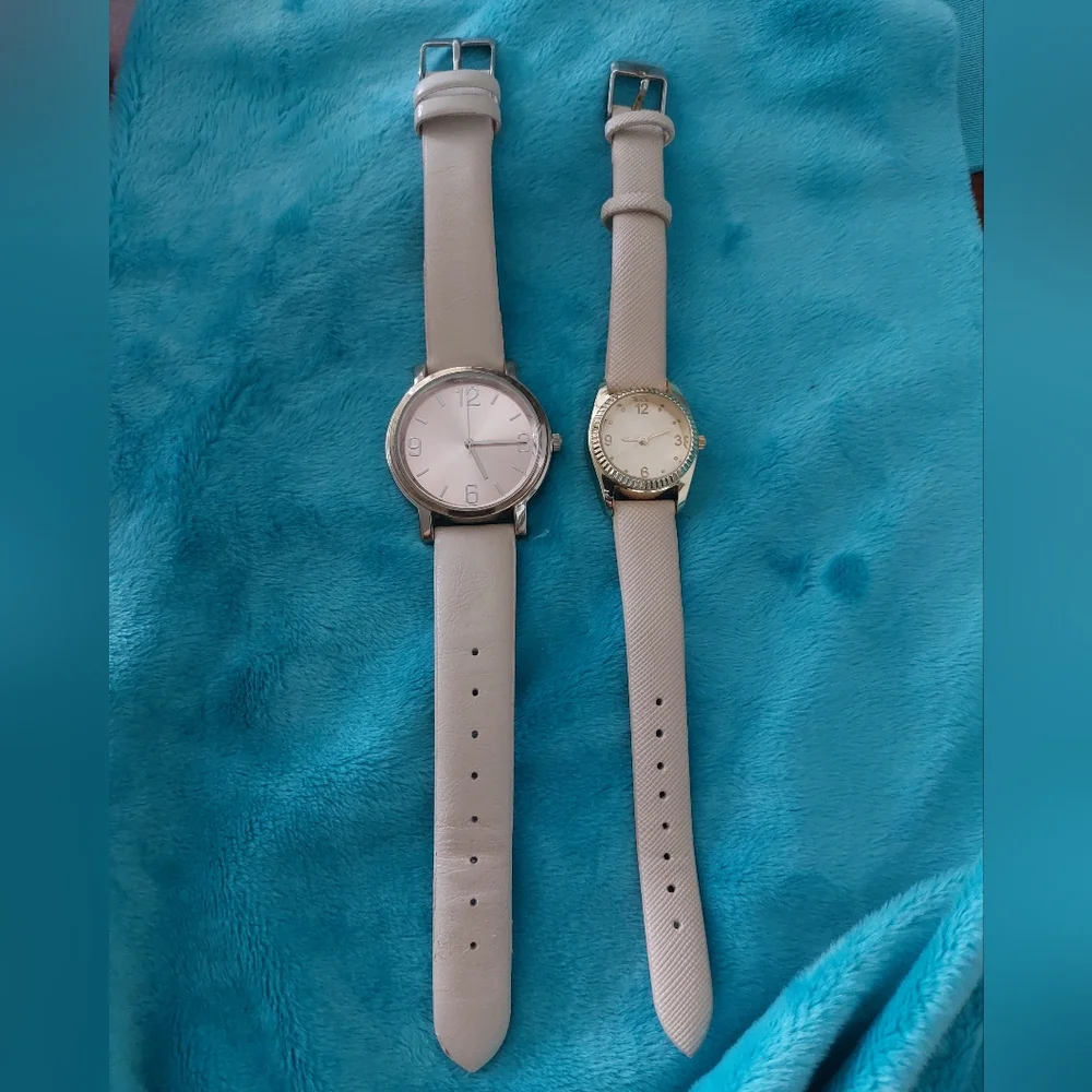 Pair of Cream Color Simulated Leather Ladies Quartz Watches, Estate Jewelry